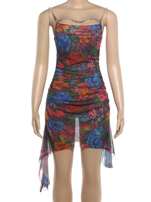 Joskaa Floral Print Rhinestone Sleeveless Bodycon Mini Dress - mini dress image 2