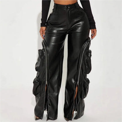 Joskaa Faux Leather Zip Up High Waist Wide Leg Pants - pants image 4