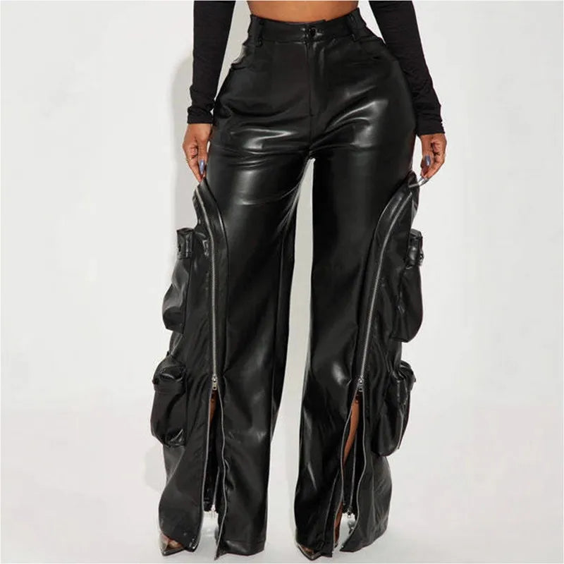 Joskaa Faux Leather Zip Up High Waist Wide Leg Pants - pants image 4