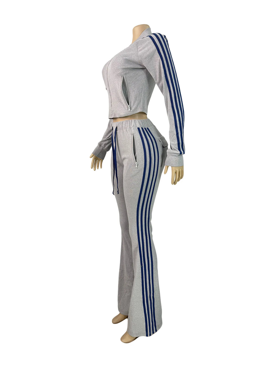 Joskaa Stripe Velvet Zip Up Long Sleeve Two Piece Set - two piece set image 3