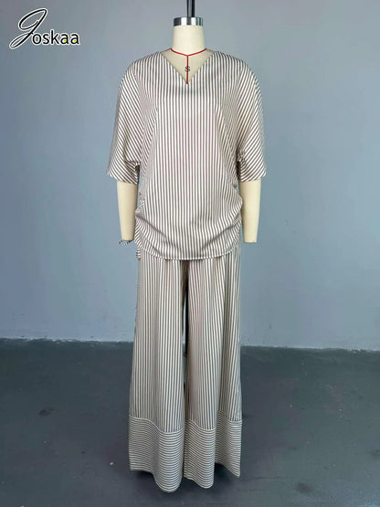 Women's Stripe Short Sleeve Flare Two Piece Set Yellow – Detail View