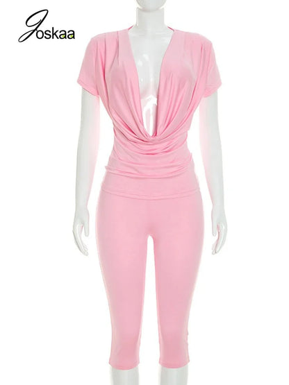Women's Ruched V-neck Bodycon High Waist Two Piece Set - Back View