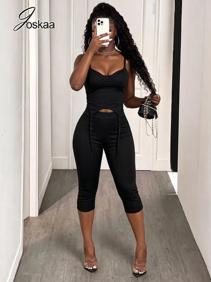 Women's Backless Crop Low-neck Tassel Decoration Two Piece Set Black – Front View