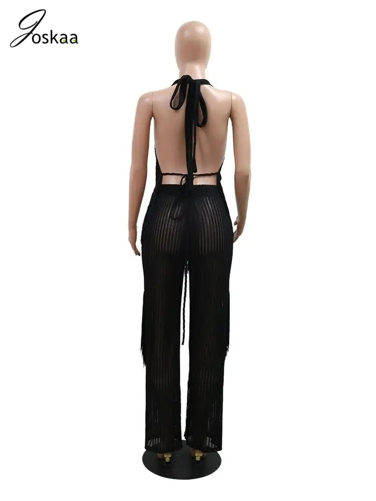 Women's Backless Halter Flare Two Piece Set Black – Detail View