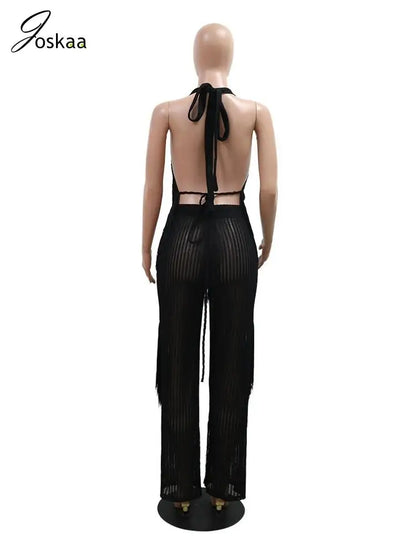 Women's Backless Halter Flare Two Piece Set Black – Detail View