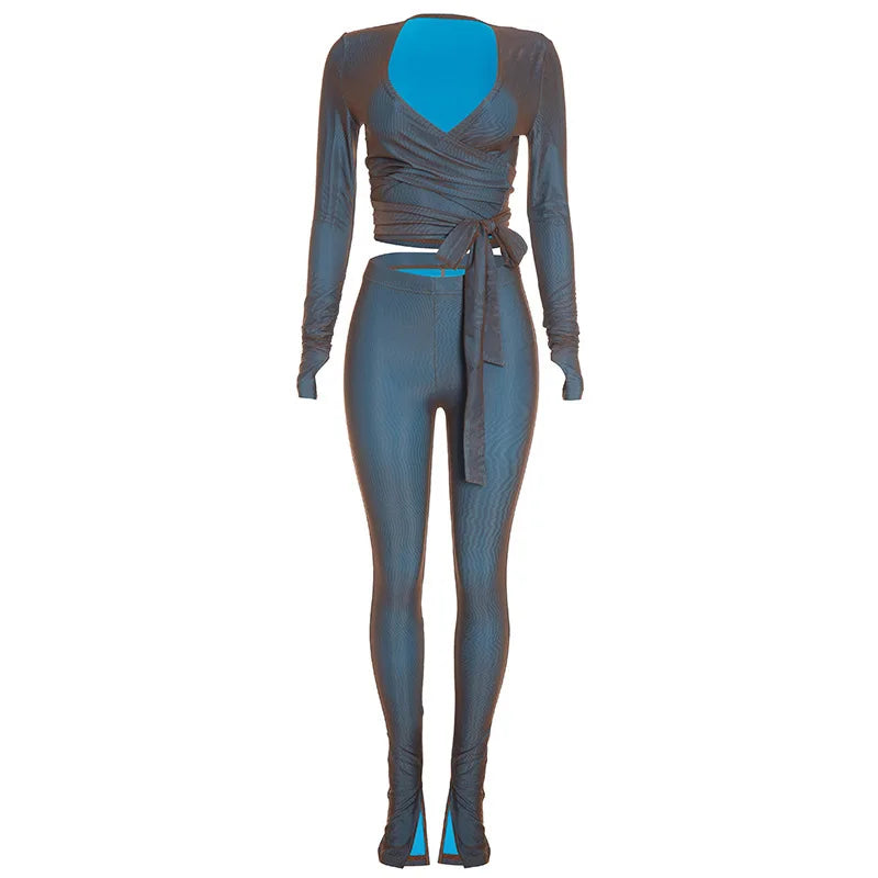 Women's V-neck Long Sleeve High Waist Wide Leg Two Piece Set - Additional View 7