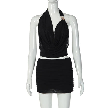 Women's Mesh Ruched Backless Two Piece Set