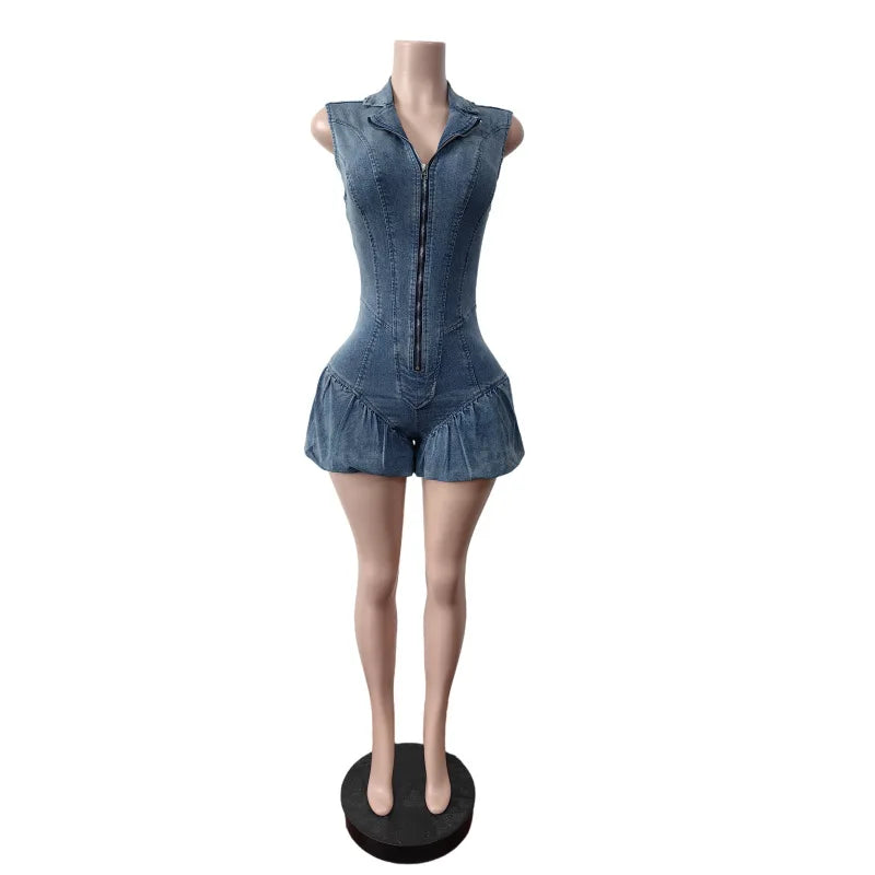 Women's Denim Sleeveless Bodycon Zip Romper