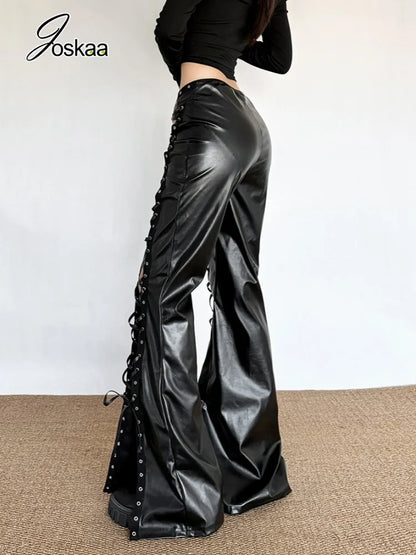 Women's Lace Faux Leather Cutout Wide Leg Pants Black – Side View
