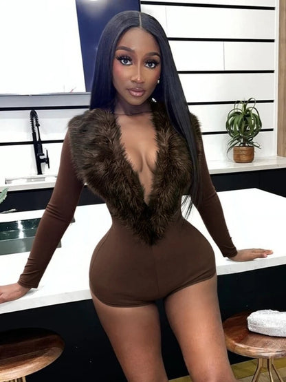 Women's Long Sleeve Chic Fur Collar Romper