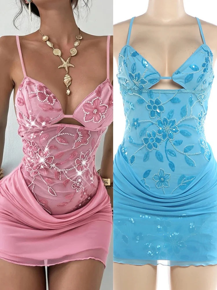 Women's Mesh Sequin Backless V-neck Mini Dress - Additional View 8