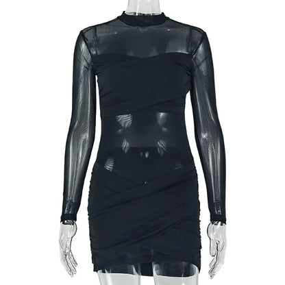 Women's Mesh Ruched Long Sleeve Bodycon Mini Dress - Additional View 7