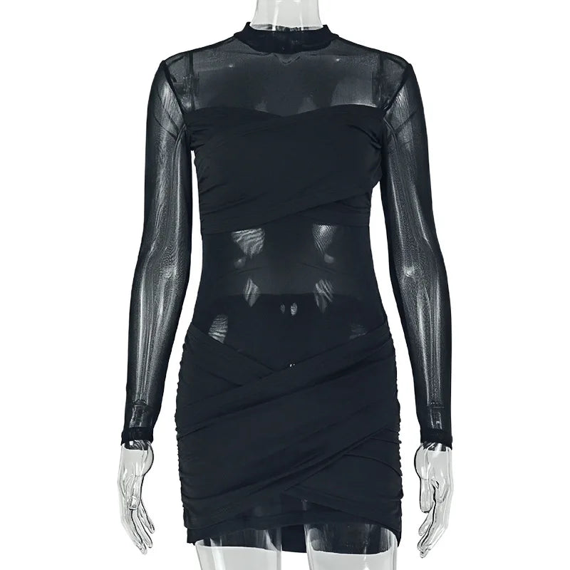 Women's Mesh Ruched Long Sleeve Bodycon Mini Dress - Additional View 7