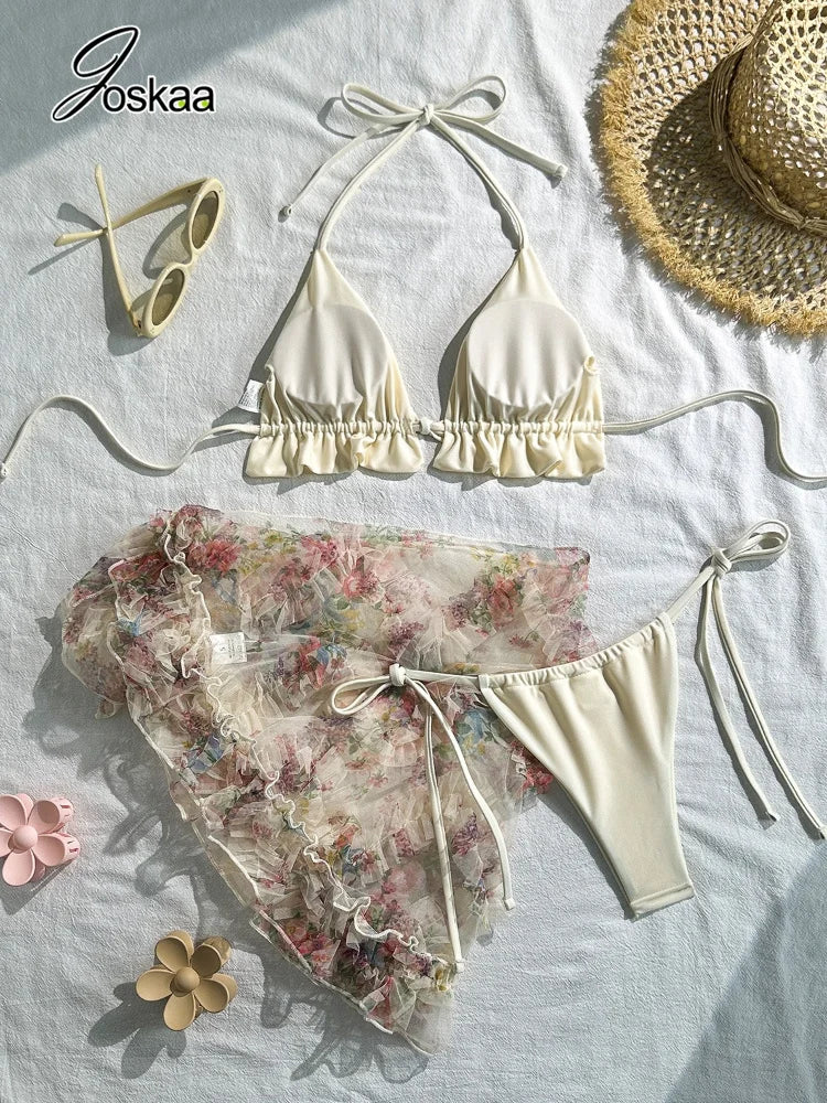 Women's Mesh Halter Swimwear Bikini Ruffle Triangle - Detail View