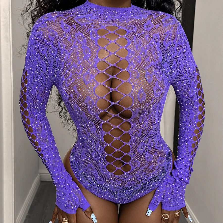Joskaa Rhinestone Mesh Long Sleeve Bodysuit - bodysuit image 6