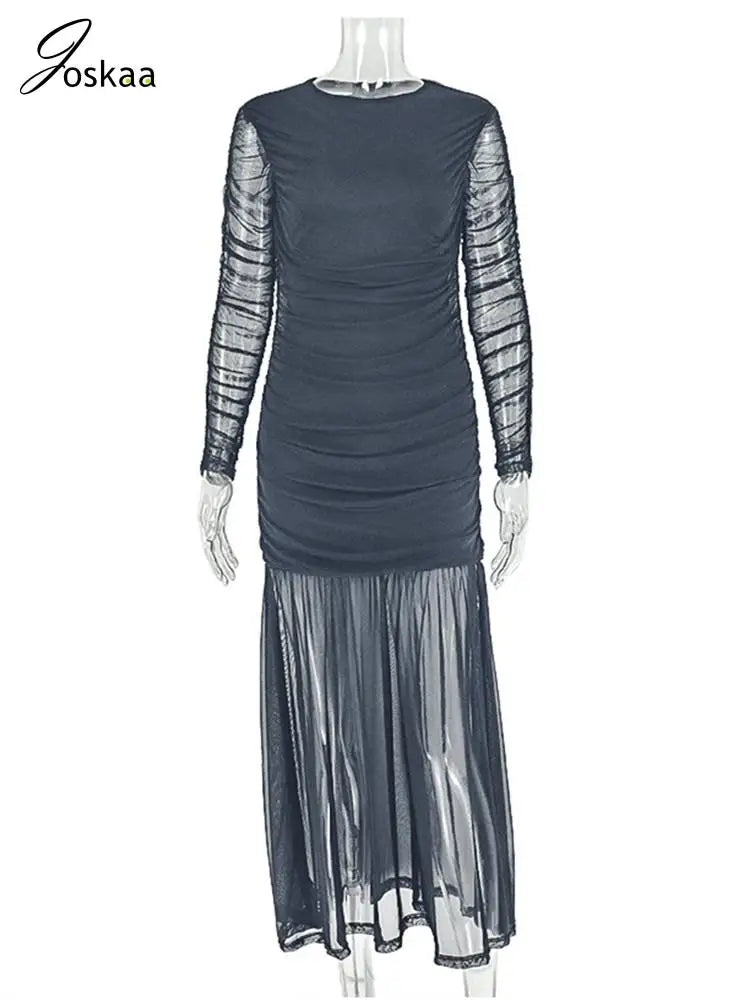 Women's Mesh Long Sleeve Bodycon Maxi Dress Black – Back View
