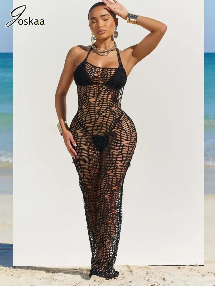Women's Knit Backless Halter Maxi Bikini Set Yellow Camel – Side View