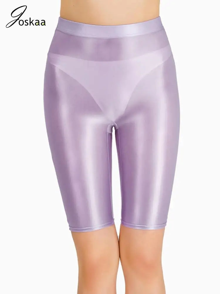 Women's High Waist Glossy Stretchy Workout Pants Light Purple – Detail View