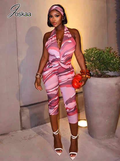 Women's Ruched Backless Halter Crop Romper Brown – Front View