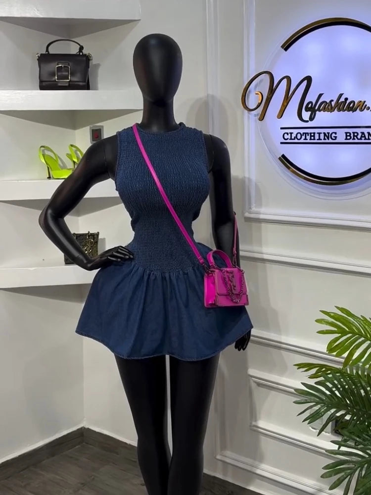 Women's Denim Sleeveless French Honeycomb Stretch Mini Dress – Women's Fashion Wholesale – Front View
