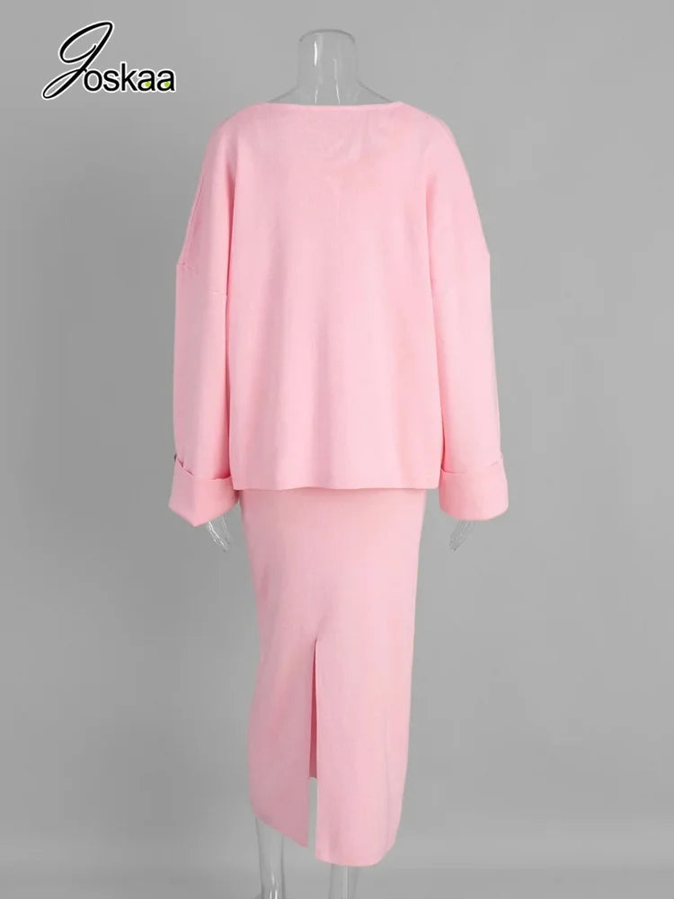Women's Knit Long Sleeve Maxi Two Piece Set Pink – Detail View
