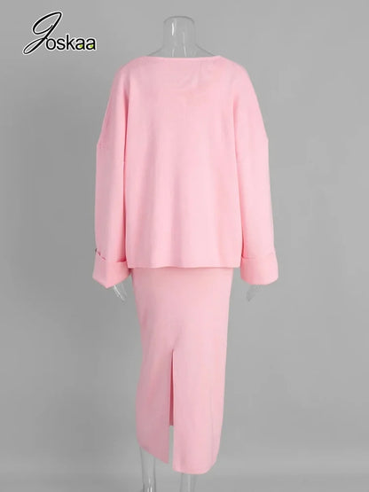 Women's Knit Long Sleeve Maxi Two Piece Set Pink – Detail View