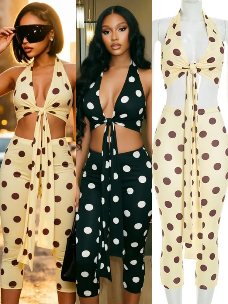 Women's Polka Dot V-neck Halter High Waist Two Piece Set - Detail View 7