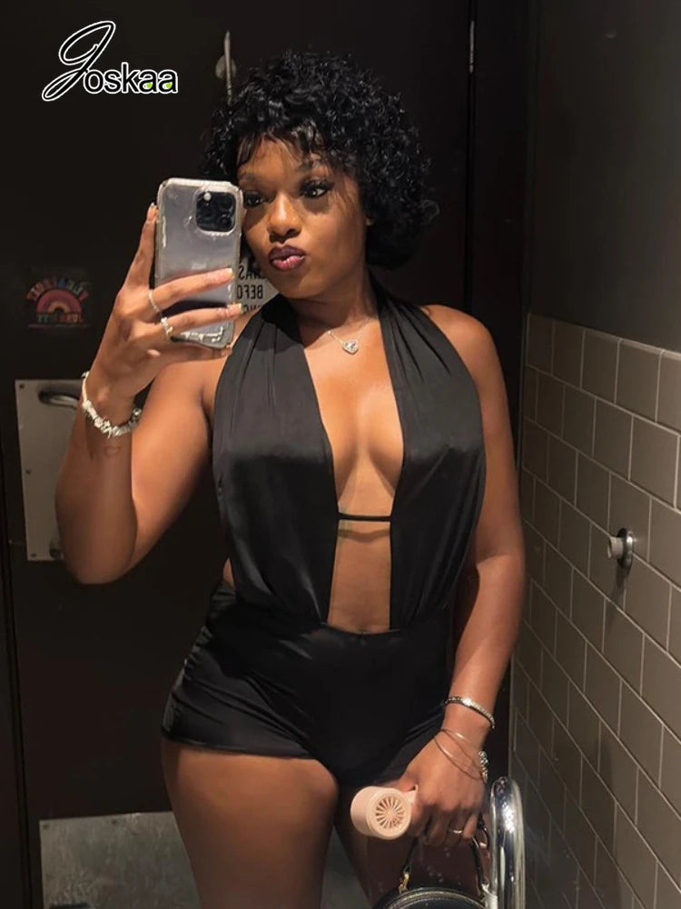 Women's Backless Halter Sleeveless Romper Black – Side View