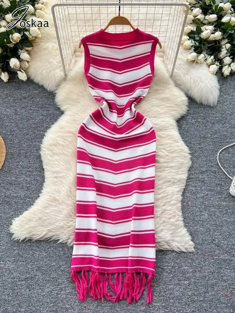 Women's Stripe Knit Sleeveless Bodycon Dress Red – Detail View