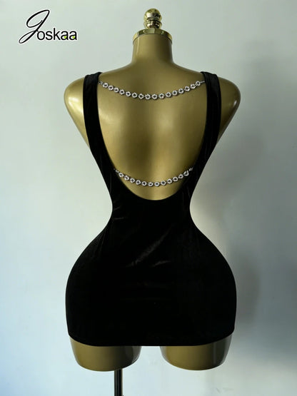 Women's Velvet Backless Black with Pearl Dress Black – Front View