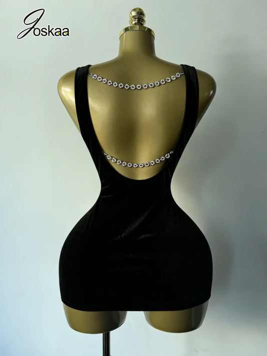 Women's Velvet Backless Black with Pearl Dress Black – Front View