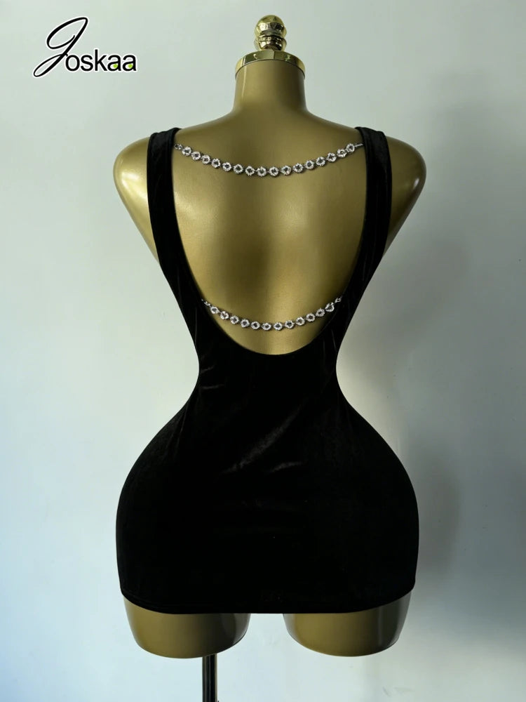 Women's Velvet Backless Black with Pearl Dress Black – Front View