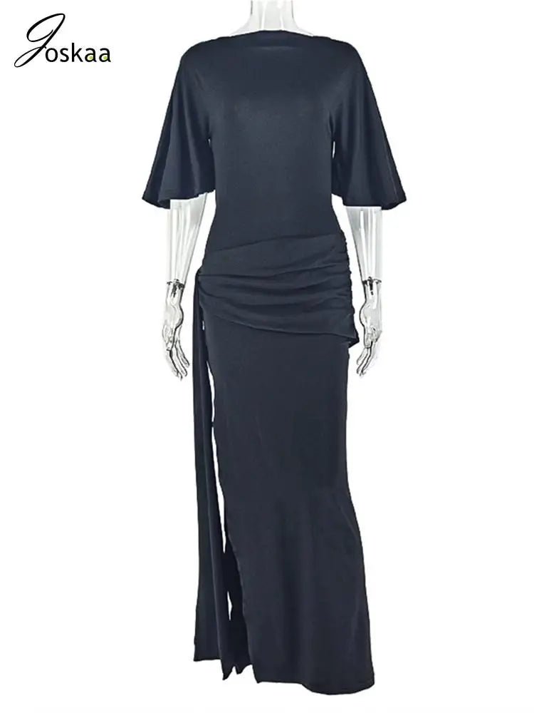 Women's Ruched Backless Bodycon Maxi Dress Black – Back View
