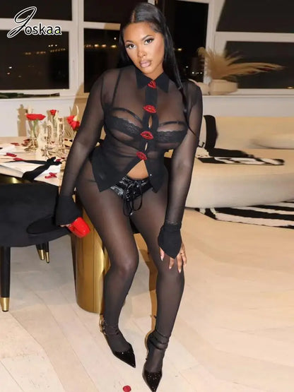 Women's Mesh Faux Leather Long Sleeve Two Piece Set Black – Front View