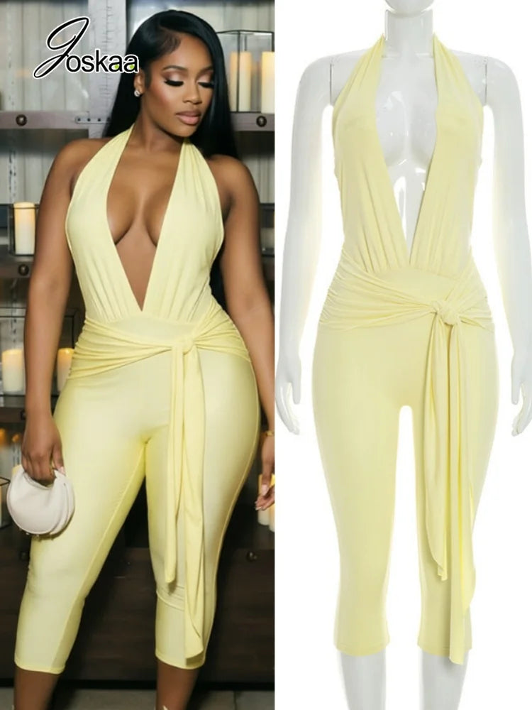 Women's Backless V-neck Halter Sleeveless Romper - Women's Fashion Wholesale - Front View