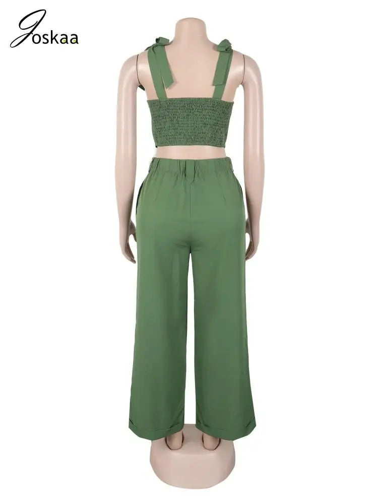 Women's Crop Flare Wide Leg Elegant Two Piece Set Green – Detail View