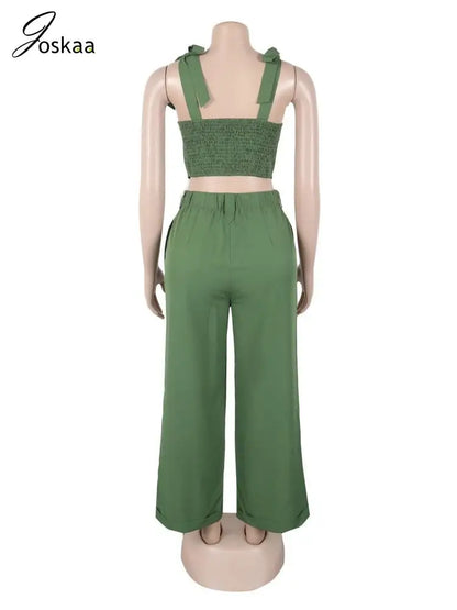 Women's Crop Flare Wide Leg Elegant Two Piece Set Green – Detail View