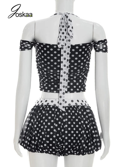 Women's Polka Dot Halter Short Sleeve Two Piece Set Black – Detail View