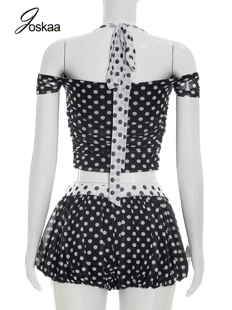 Women's Polka Dot Halter Short Sleeve Two Piece Set Black – Detail View