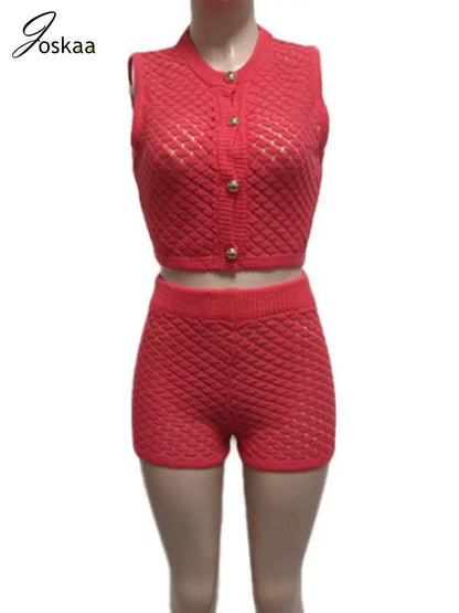 Women's Knit Sleeveless Ribbed Two Piece Set Orange Red – Back View