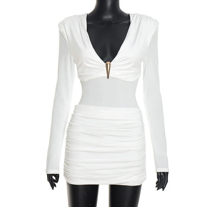 Women's Ruched V-neck Long Sleeve Bodycon Mini Dress - Additional View 9