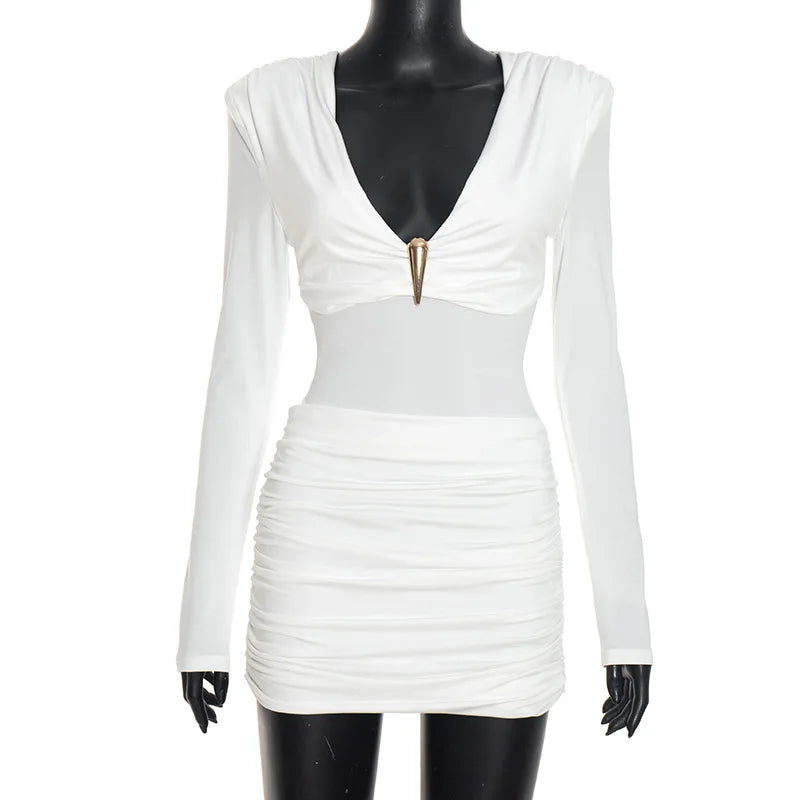 Women's Ruched V-neck Long Sleeve Bodycon Mini Dress - Additional View 9
