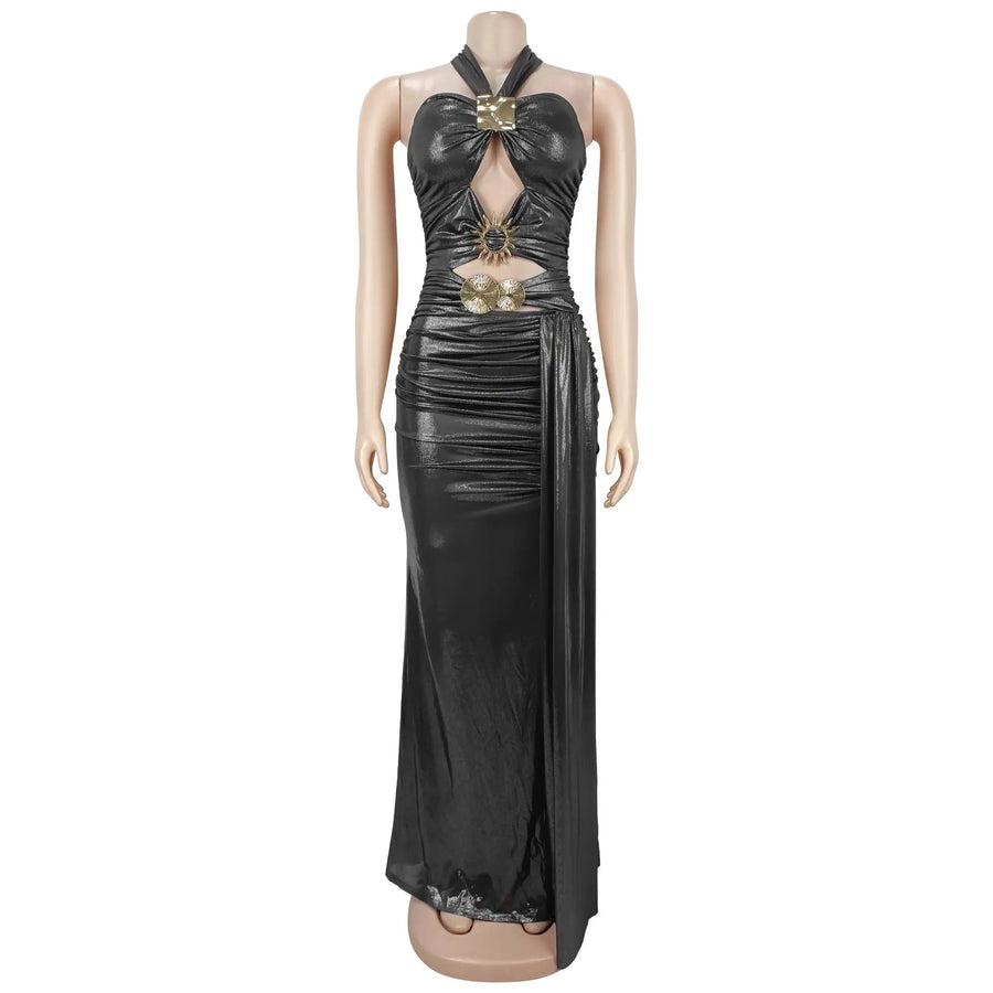 Women's Ruched Cutout Halter Bodycon Maxi Dress - Detail View 6