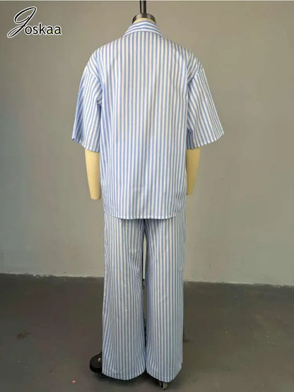 Women's Stripe Short Sleeve Flare Two Piece Set Blue – Detail View