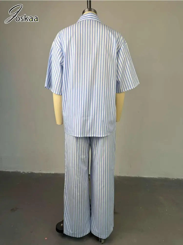 Women's Stripe Short Sleeve Flare Two Piece Set Blue – Detail View
