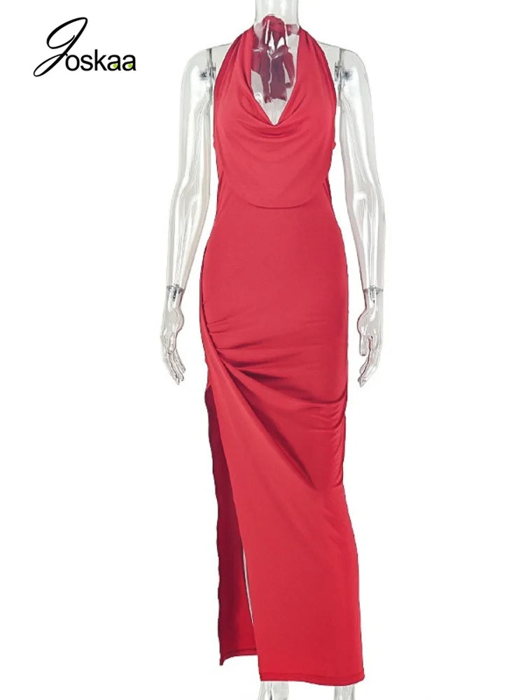 Women's Ruched Halter Bodycon Maxi Dress Red – Back View