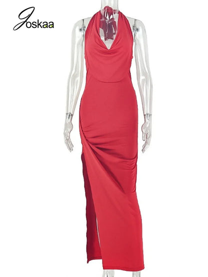 Women's Ruched Halter Bodycon Maxi Dress Red – Back View