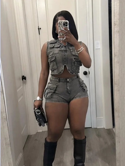 Women's Denim Crop Stretch Pockets Vest Two Piece Set Dark Grey – Front View