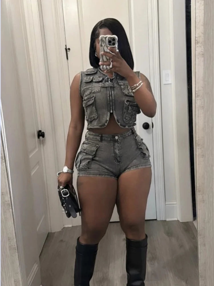 Women's Denim Crop Stretch Pockets Vest Two Piece Set Dark Grey – Front View