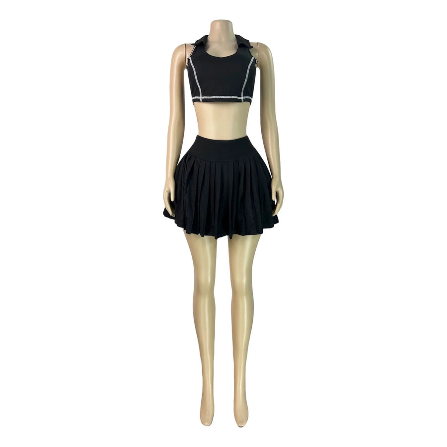 Women's High Waist Mini Pleated Two Piece Set